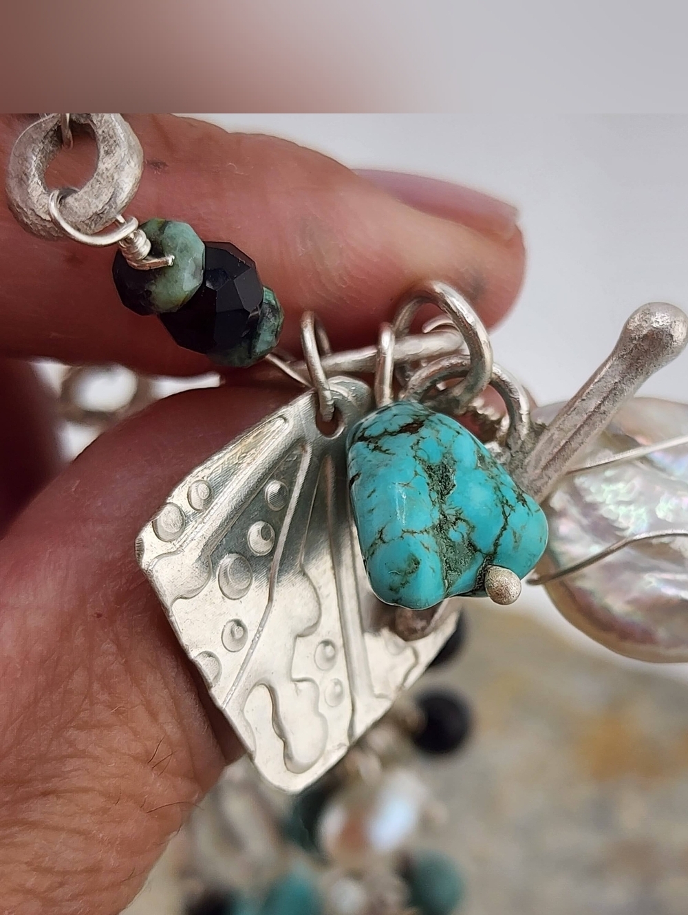 BANGLE HANDMADE BRACELET TURQUOISE, ONYX & PEARLS HANDMADE IN STERLING SILVER - Picture 6 of 14